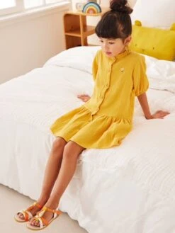 Robe Boutonnée En Gaze De Coton Fille Manches 3/4 -Cyrillus || PETIT BATEAU || MINNIE Soldes Boutique robe boutonnee en gaze de coton fille manches 34 2