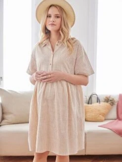 Robe-chemisier Rayée Courte Grossesse Et Allaitement -Cyrillus || PETIT BATEAU || MINNIE Soldes Boutique robe chemisier rayee courte grossesse et allaitement 2