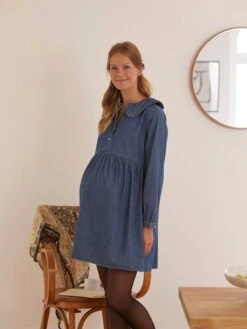 Robe Col Claudine Volanté Grossesse Et Allaitement Jean Denim -Cyrillus || PETIT BATEAU || MINNIE Soldes Boutique robe col claudine volante grossesse et allaitement jean denim 4
