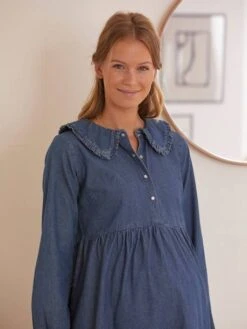 Robe Col Claudine Volanté Grossesse Et Allaitement Jean Denim -Cyrillus || PETIT BATEAU || MINNIE Soldes Boutique robe col claudine volante grossesse et allaitement jean denim 5