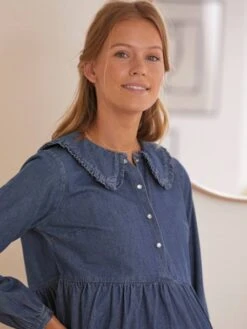Robe Col Claudine Volanté Grossesse Et Allaitement Jean Denim -Cyrillus || PETIT BATEAU || MINNIE Soldes Boutique robe col claudine volante grossesse et allaitement jean denim 6