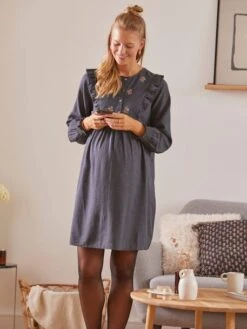 Robe Plastron Brodé Grossesse Et Allaitement En Flanelle -Cyrillus || PETIT BATEAU || MINNIE Soldes Boutique robe plastron brode grossesse et allaitement en flanelle 1