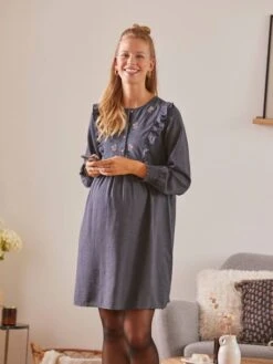 Robe Plastron Brodé Grossesse Et Allaitement En Flanelle -Cyrillus || PETIT BATEAU || MINNIE Soldes Boutique robe plastron brode grossesse et allaitement en flanelle 4
