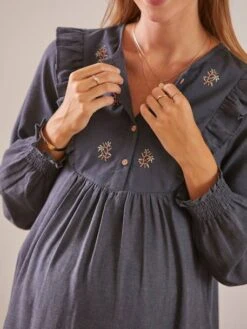 Robe Plastron Brodé Grossesse Et Allaitement En Flanelle -Cyrillus || PETIT BATEAU || MINNIE Soldes Boutique robe plastron brode grossesse et allaitement en flanelle 6